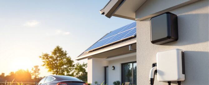 Wallbox vor Haus mit Photovoltaik-Dach und E-Auto Ladestation